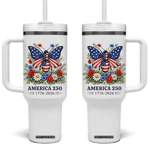 America 250 Patriotic Butterfly Floral Graphic Tumbler With Handle American Flag Wings Watercolor Wildflowers 1776 to 2026 Semiquincentennial TS02 One Size: 40 oz White Print Your Wear