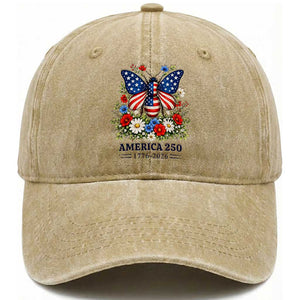America 250 Patriotic Butterfly Floral Graphic Washed Cotton Baseball Cap American Flag Wings Watercolor Wildflowers 1776 to 2026 Semiquincentennial TS02 Print Your Wear