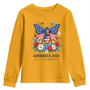 America 250 Patriotic Butterfly Floral Graphic Youth Sweatshirt American Flag Wings Watercolor Wildflowers 1776 to 2026 Semiquincentennial TS02 Gold Print Your Wear
