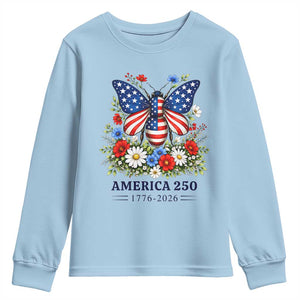 America 250 Patriotic Butterfly Floral Graphic Youth Sweatshirt American Flag Wings Watercolor Wildflowers 1776 to 2026 Semiquincentennial TS02 Light Blue Print Your Wear