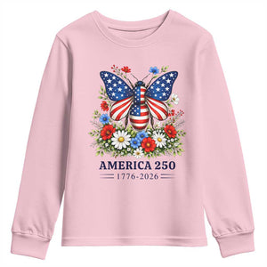 America 250 Patriotic Butterfly Floral Graphic Youth Sweatshirt American Flag Wings Watercolor Wildflowers 1776 to 2026 Semiquincentennial TS02 Light Pink Print Your Wear