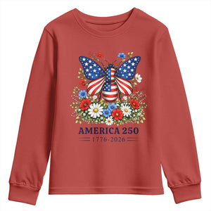 America 250 Patriotic Butterfly Floral Graphic Youth Sweatshirt American Flag Wings Watercolor Wildflowers 1776 to 2026 Semiquincentennial TS02 Red Print Your Wear