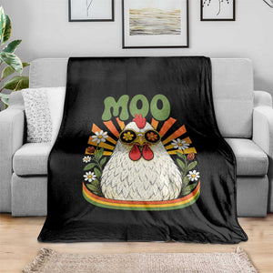 Retro Moo Chicken Wearing Sunglasses Graphic Throw Blanket Funny Groovy Farm Animal Pun Vintage Sunburst TS02 Print Your Wear