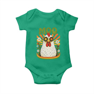 Retro Moo Chicken Wearing Sunglasses Graphic Baby Onesie Funny Groovy Farm Animal Pun Vintage Sunburst TS02 Irish Green Print Your Wear