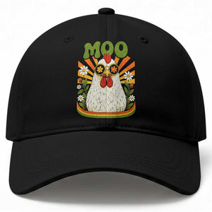 Retro Moo Chicken Wearing Sunglasses Graphic Baseball Cap Funny Groovy Farm Animal Pun Vintage Sunburst TS02 Print Your Wear