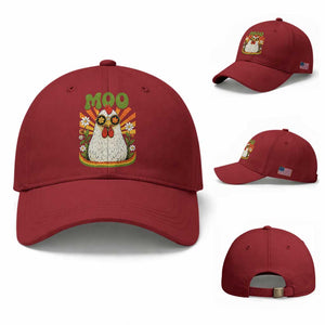 Retro Moo Chicken Wearing Sunglasses Graphic Baseball Cap Funny Groovy Farm Animal Pun Vintage Sunburst TS02 Baseball Cap Universal Fit Cherry Red Print Your Wear