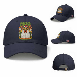 Retro Moo Chicken Wearing Sunglasses Graphic Baseball Cap Funny Groovy Farm Animal Pun Vintage Sunburst TS02 Baseball Cap Universal Fit Navy Print Your Wear