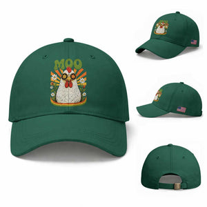 Retro Moo Chicken Wearing Sunglasses Graphic Baseball Cap Funny Groovy Farm Animal Pun Vintage Sunburst TS02 Baseball Cap Universal Fit Irish Green Print Your Wear
