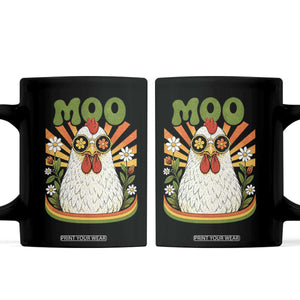 Retro Moo Chicken Wearing Sunglasses Graphic Coffee Mug Funny Groovy Farm Animal Pun Vintage Sunburst TS02 Black Print Your Wear