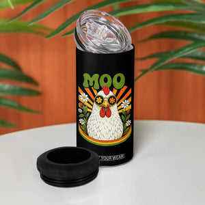 Retro Moo Chicken Wearing Sunglasses Graphic 4 in 1 Can Cooler Tumbler Funny Groovy Farm Animal Pun Vintage Sunburst TS02 Print Your Wear