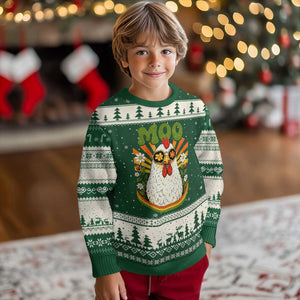 Retro Moo Chicken Wearing Sunglasses Graphic Ugly Christmas Sweater Funny Groovy Farm Animal Pun Vintage Sunburst TS02 Forest Green Beige Print Your Wear