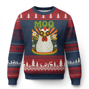 Retro Moo Chicken Wearing Sunglasses Graphic Ugly Christmas Sweater Funny Groovy Farm Animal Pun Vintage Sunburst TS02 Navy Red Print Your Wear