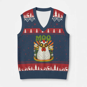 Retro Moo Chicken Wearing Sunglasses Graphic V-Neck Knit Sweater Vest Funny Groovy Farm Animal Pun Vintage Sunburst TS02 Navy Red Print Your Wear
