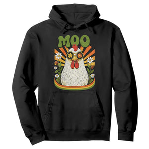 Retro Moo Chicken Wearing Sunglasses Graphic Hoodie Funny Groovy Farm Animal Pun Vintage Sunburst TS02 Black Print Your Wear