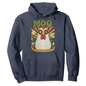 Retro Moo Chicken Wearing Sunglasses Graphic Hoodie Funny Groovy Farm Animal Pun Vintage Sunburst TS02 Navy Print Your Wear