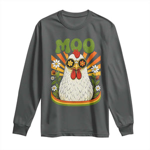 Retro Moo Chicken Wearing Sunglasses Graphic Long Sleeve Shirt Funny Groovy Farm Animal Pun Vintage Sunburst TS02 Dark Heather Print Your Wear