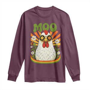 Retro Moo Chicken Wearing Sunglasses Graphic Long Sleeve Shirt Funny Groovy Farm Animal Pun Vintage Sunburst TS02 Maroon Print Your Wear
