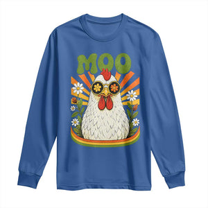 Retro Moo Chicken Wearing Sunglasses Graphic Long Sleeve Shirt Funny Groovy Farm Animal Pun Vintage Sunburst TS02 Royal Blue Print Your Wear