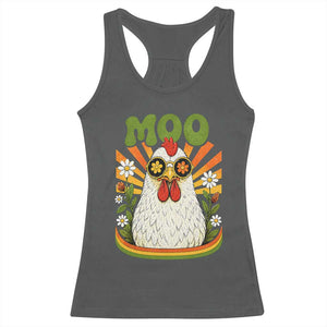 Retro Moo Chicken Wearing Sunglasses Graphic Racerback Tank Top Funny Groovy Farm Animal Pun Vintage Sunburst TS02 Dark Heather Print Your Wear
