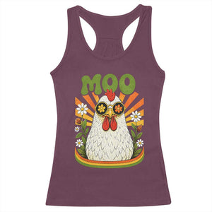 Retro Moo Chicken Wearing Sunglasses Graphic Racerback Tank Top Funny Groovy Farm Animal Pun Vintage Sunburst TS02 Maroon Print Your Wear