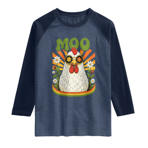 Retro Moo Chicken Wearing Sunglasses Graphic Raglan Shirt Funny Groovy Farm Animal Pun Vintage Sunburst TS02 Heather Denim Navy Print Your Wear