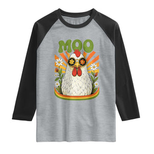 Retro Moo Chicken Wearing Sunglasses Graphic Raglan Shirt Funny Groovy Farm Animal Pun Vintage Sunburst TS02 Heather Gray Black Print Your Wear