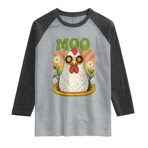 Retro Moo Chicken Wearing Sunglasses Graphic Raglan Shirt Funny Groovy Farm Animal Pun Vintage Sunburst TS02 Heather Gray Heather Charcoal Print Your Wear