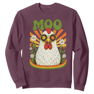 Retro Moo Chicken Wearing Sunglasses Graphic Sweatshirt Funny Groovy Farm Animal Pun Vintage Sunburst TS02 Maroon Print Your Wear