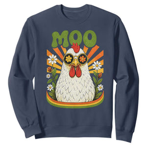 Retro Moo Chicken Wearing Sunglasses Graphic Sweatshirt Funny Groovy Farm Animal Pun Vintage Sunburst TS02 Navy Print Your Wear