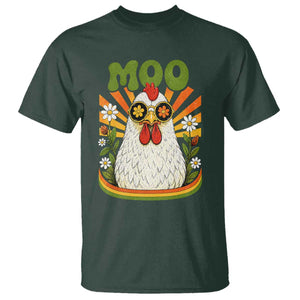 Retro Moo Chicken Wearing Sunglasses Graphic T Shirt Funny Groovy Farm Animal Pun Vintage Sunburst TS02 Dark Forest Green Print Your Wear