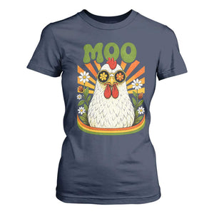 Retro Moo Chicken Wearing Sunglasses Graphic T Shirt For Women Funny Groovy Farm Animal Pun Vintage Sunburst TS02 Navy Print Your Wear