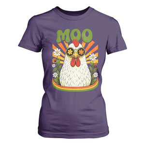 Retro Moo Chicken Wearing Sunglasses Graphic T Shirt For Women Funny Groovy Farm Animal Pun Vintage Sunburst TS02 Purple Print Your Wear