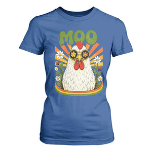 Retro Moo Chicken Wearing Sunglasses Graphic T Shirt For Women Funny Groovy Farm Animal Pun Vintage Sunburst TS02 Royal Blue Print Your Wear