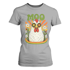 Retro Moo Chicken Wearing Sunglasses Graphic T Shirt For Women Funny Groovy Farm Animal Pun Vintage Sunburst TS02 Sport Gray Print Your Wear