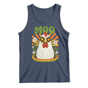 Retro Moo Chicken Wearing Sunglasses Graphic Tank Top Funny Groovy Farm Animal Pun Vintage Sunburst TS02 Navy Print Your Wear