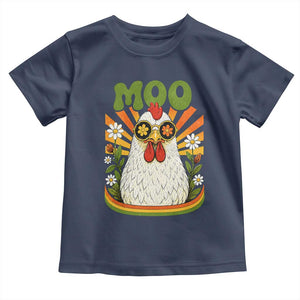 Retro Moo Chicken Wearing Sunglasses Graphic Toddler T Shirt Funny Groovy Farm Animal Pun Vintage Sunburst TS02 Navy Print Your Wear