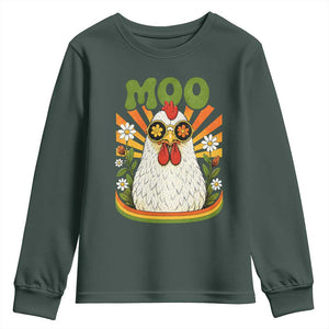 Retro Moo Chicken Wearing Sunglasses Graphic Youth Sweatshirt Funny Groovy Farm Animal Pun Vintage Sunburst TS02 Dark Forest Green Print Your Wear