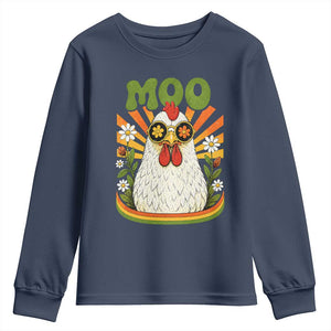 Retro Moo Chicken Wearing Sunglasses Graphic Youth Sweatshirt Funny Groovy Farm Animal Pun Vintage Sunburst TS02 Navy Print Your Wear