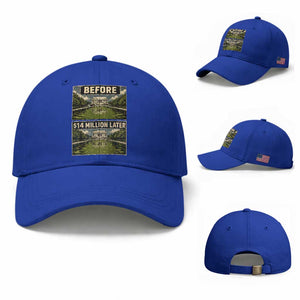 Before and 14 Million Dollars Later Lincoln Memorial Reflecting Pool Meme Baseball Cap Funny Government Spending Satire