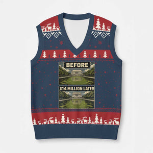 Before and 14 Million Dollars Later Lincoln Memorial Reflecting Pool Meme V-Neck Knit Sweater Vest Funny Government Spending Satire
