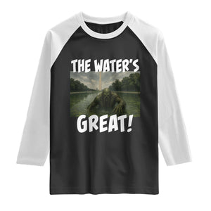 The Water is Great Swamp Monster Reflecting Pool Raglan Shirt Funny Washington DC Algae Creature Meme