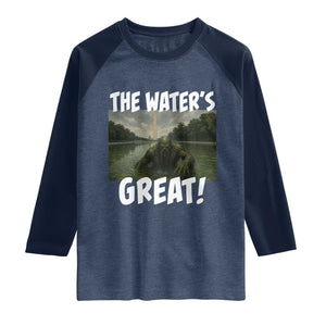 The Water is Great Swamp Monster Reflecting Pool Raglan Shirt Funny Washington DC Algae Creature Meme