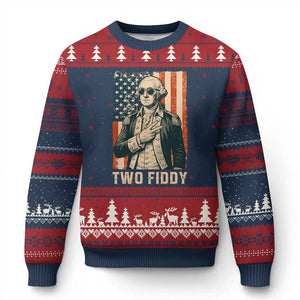 Two Fiddy Vintage George Washington Ugly Christmas Sweater Funny Sunglasses Peace Sign Retro American Flag Semiquincentennial
