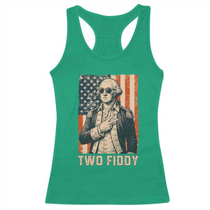 Two Fiddy Vintage George Washington Racerback Tank Top Funny Sunglasses Peace Sign Retro American Flag Semiquincentennial