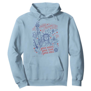 Pledge Allegiance To Your Hands Team Vibes Hoodie Statue of Liberty Doodle Americana Graphic