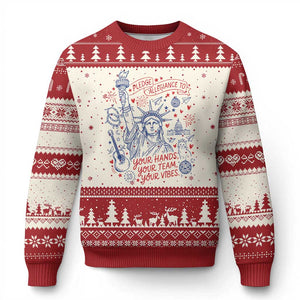 Pledge Allegiance To Your Hands Team Vibes Ugly Christmas Sweater Statue of Liberty Doodle Americana Graphic