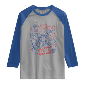 Pledge Allegiance To Your Hands Team Vibes Raglan Shirt Statue of Liberty Doodle Americana Graphic