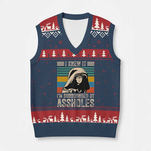 Funny I Knew It Im Surrounded by Axxholes Sci-fi Parody V-Neck Knit Sweater Vest Retro Sunset Space Vintage 1980s Movie Quote Inspo Meme TS02 Navy Red Print Your Wear