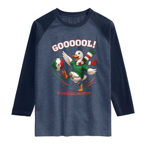 Funny Merlin the Duck Mexico Soccer Supporter Raglan Shirt El Pato Del Partido Goooool Football Fans TS02 Heather Denim Navy Print Your Wear