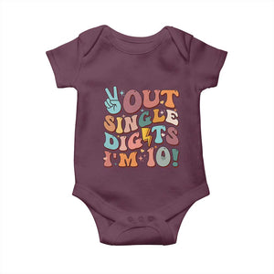 Funny Retro Groovy 10th Birthday Baby Onesie Out Single Digits I'm Ten TS02 Maroon Print Your Wear
